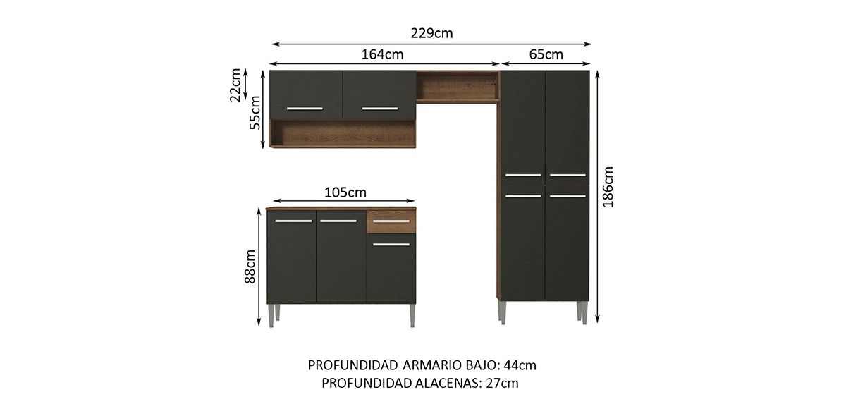 Cocina Integral Emily Pop 229 cm Negro