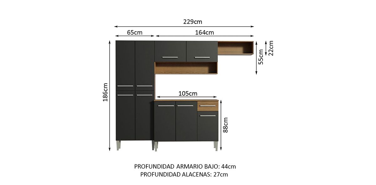 Cocina Integral Emily Top 229 cm Negro