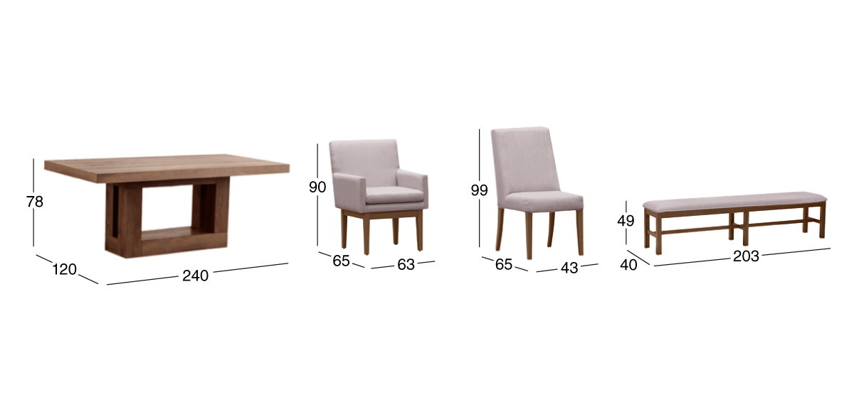 Comedor 240 cm Anka con 2 Sillas, 2 Sillones y Banca 200 cm Beige