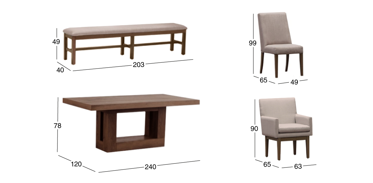 Comedor 240 cm Anka con 3 Sillas, 2 Sillones y Banca 200 cm Beige