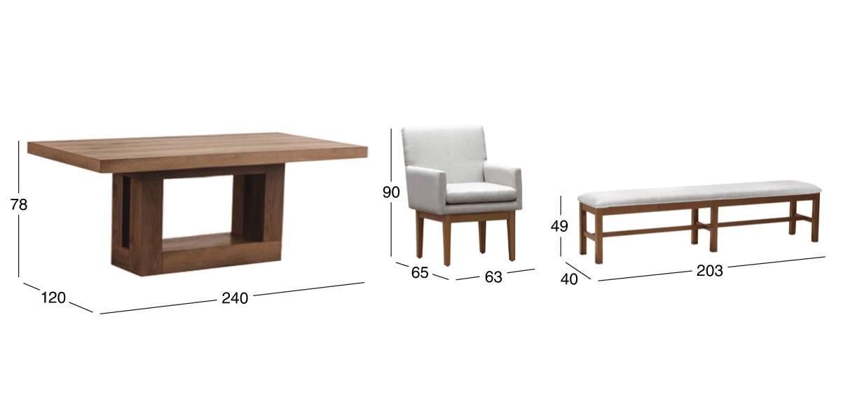Comedor 240 cm Anka con 5 Sillones y Banca 200 cm Beige