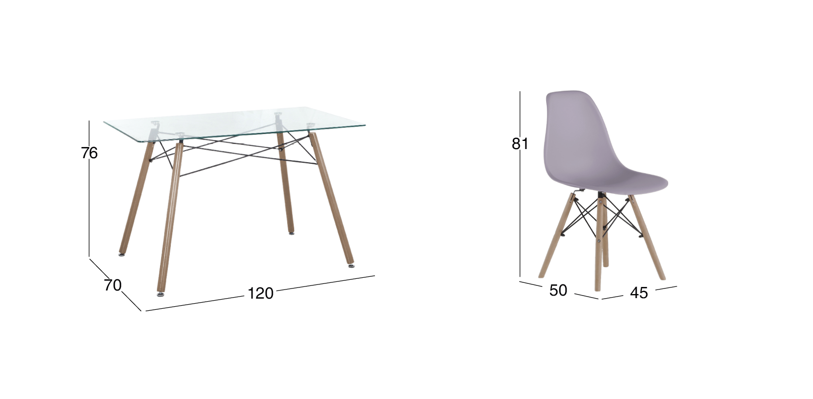 Comedor Rectangular 120 x 70 cm Atlas Natural y 6 Sillas Morado