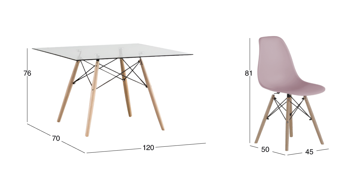 Comedor Rectangular 120 x 70 cm Atlas Natural y 6 Sillas Rosa