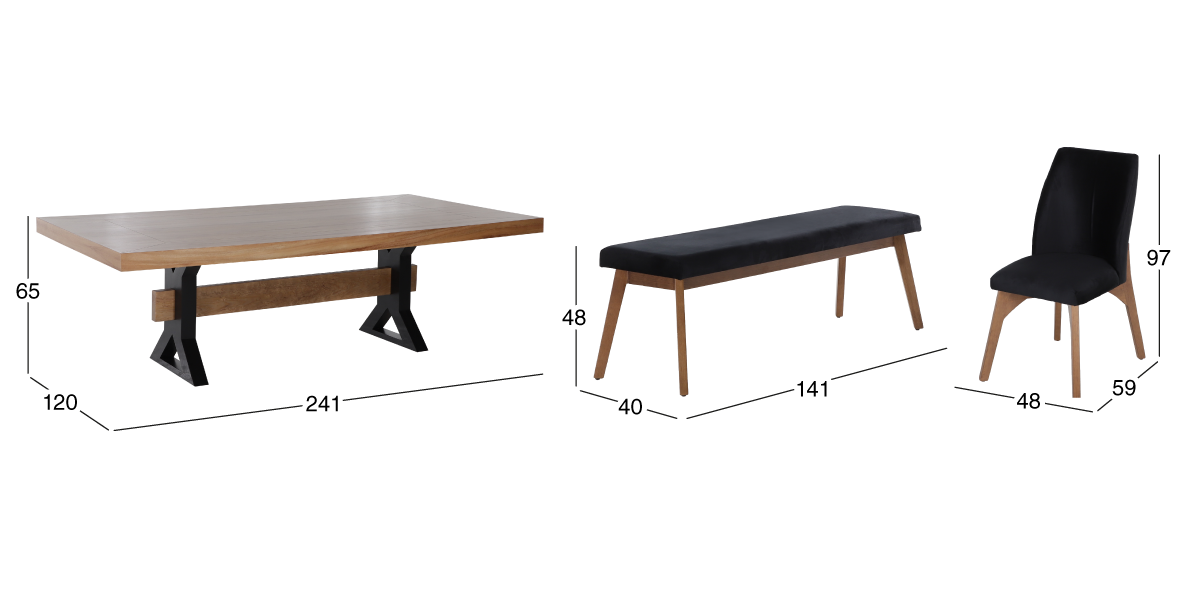Comedor 240 cm Estocolmo con 5 Sillas y Banca Negro