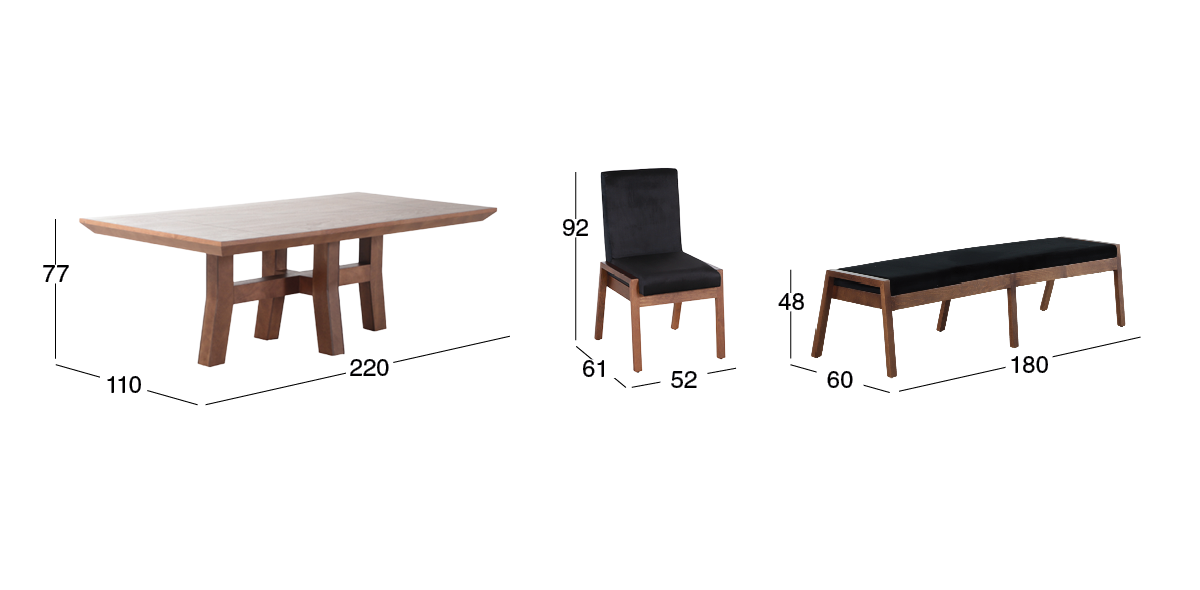 Comedor 220 x 110 cm Kansas con 2 Sillas y 2 Bancas 180 cm Negro