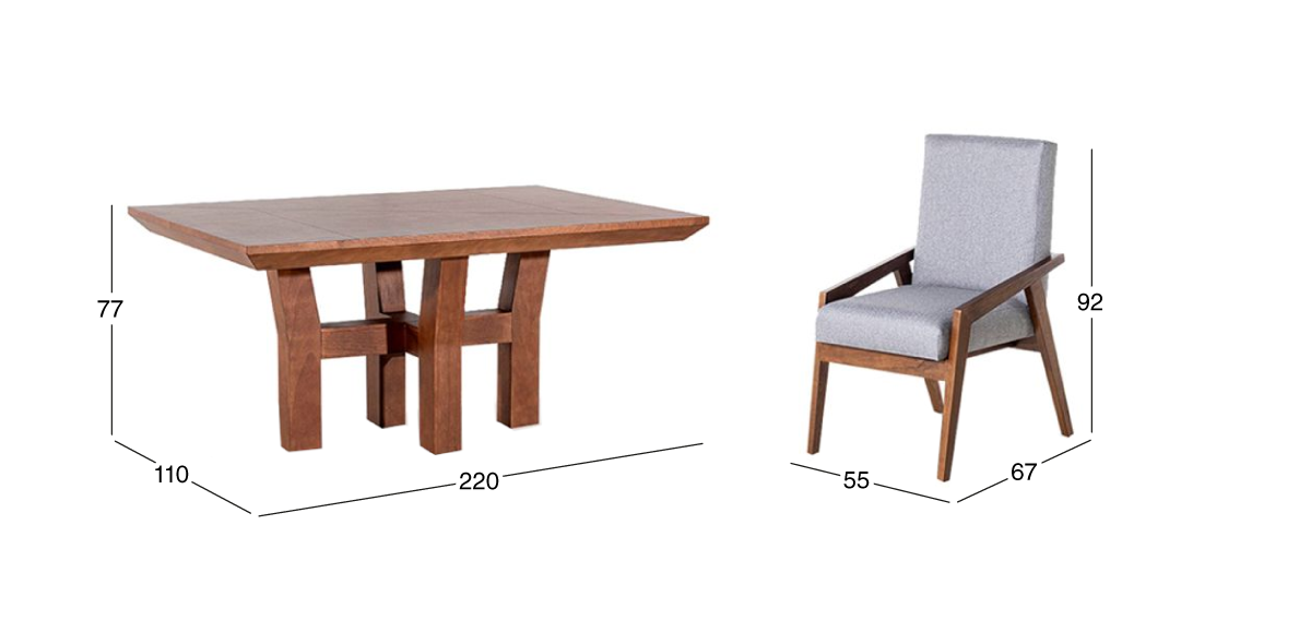 Comedor 220 cm Kansas con 6 Sillones Gris