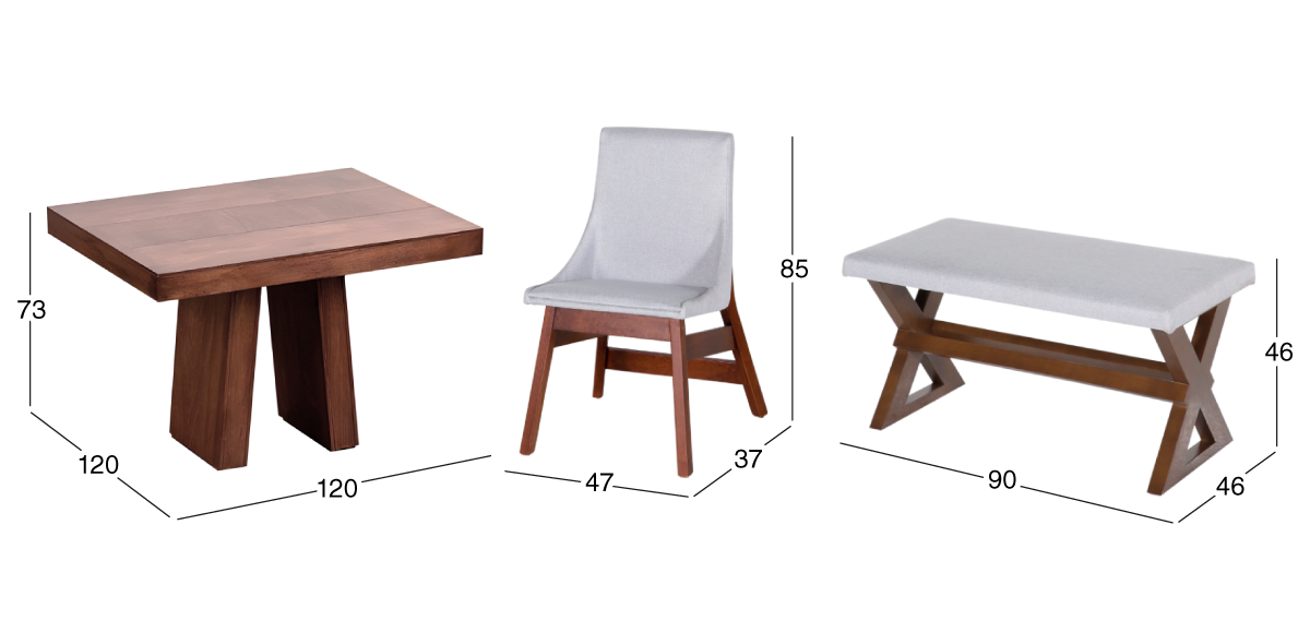 Comedor Cuadrado 120 cm Odette con 3 Sillas y Banca Gris