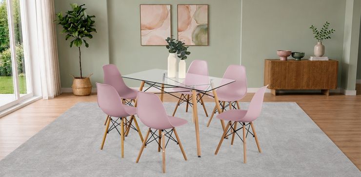 Comedor Rectangular 120 x 70 cm Atlas Natural y 6 Sillas Rosa