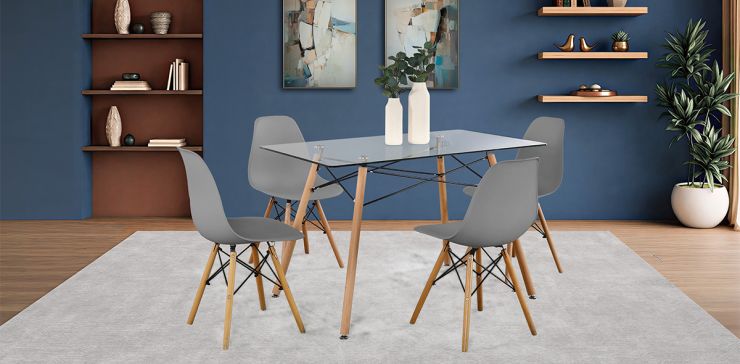 Comedor Rectangular 120 x 70 cm Atlas Natural y 4 Sillas Gris