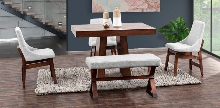 Comedor Cuadrado 120 cm Odette con 3 Sillas y Banca Gris
