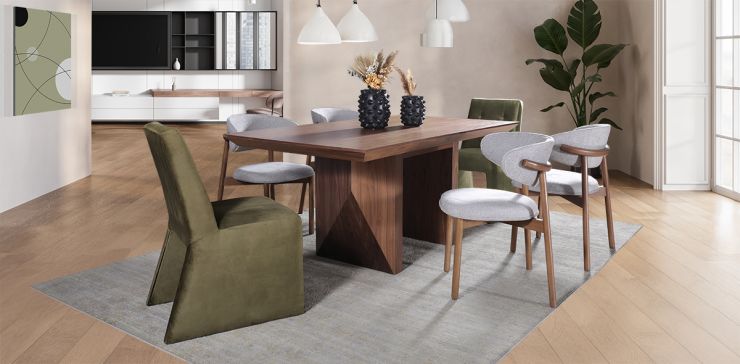Comedor 180 cm Spezza con 4 Sillas Lynnea Gris y 2 Sillas Spezza Verde