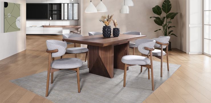 Comedor 180 cm Nogal Spezza con 6 Sillas Lynnea Gris